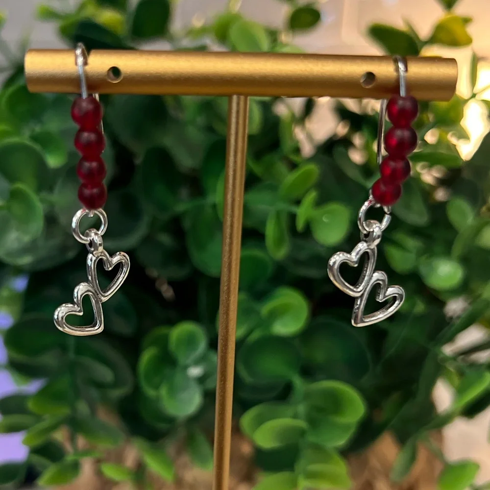 NWOT - Silver Double Heart Dangle Earrings with Burgandy Beads